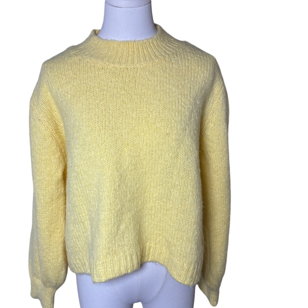 NWT Mango MNG Butter Yellow Chunky Knit Mock Neck Sweater Puff Sleeve XL